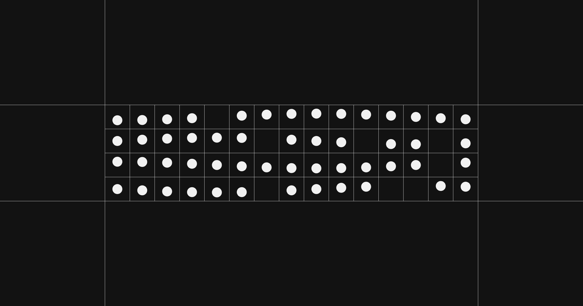 A grid of narrow rectangles filled with small circles, each circle in a unique position.